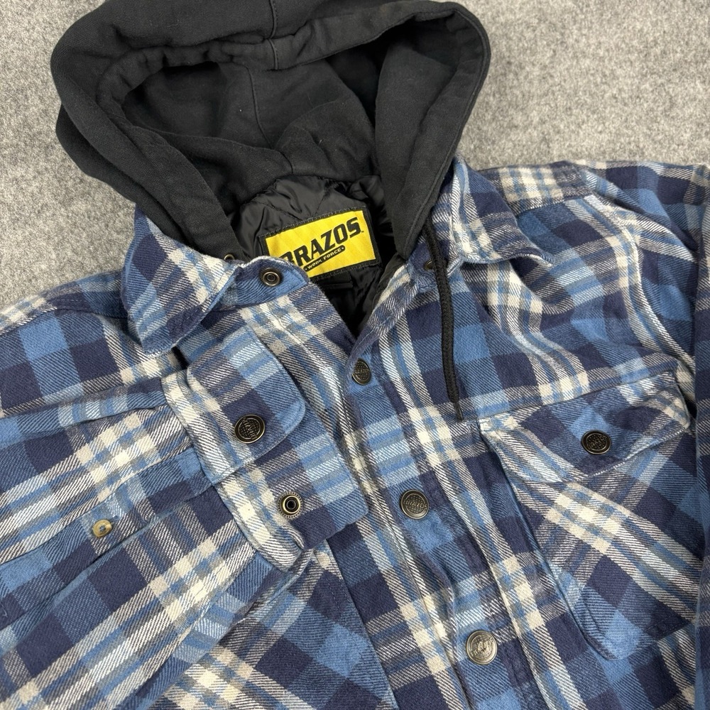 Brazos Jacket‎ Mens Medium Blue Plaid Hooded Flannel Work Quilted Lined Shacket